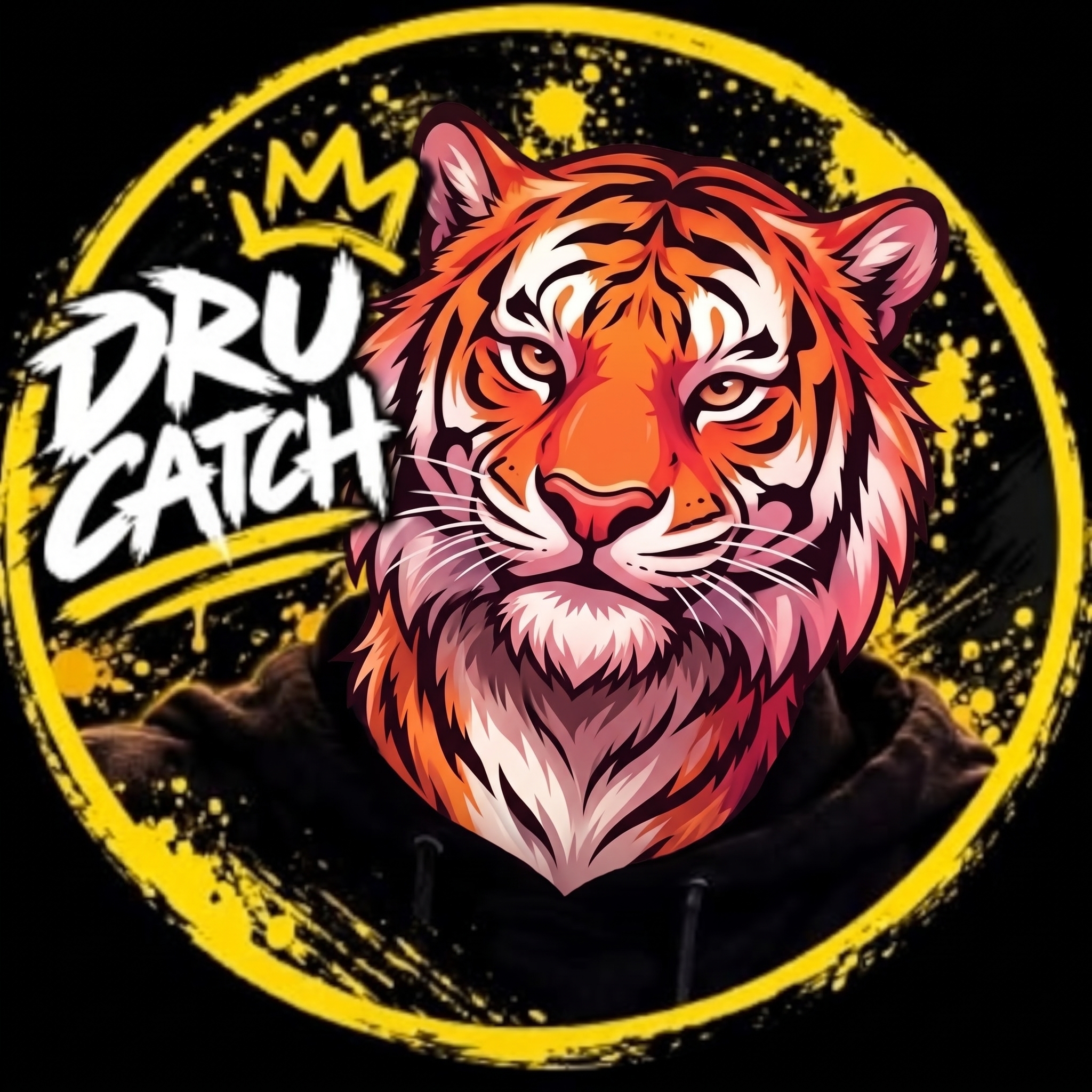 DruCatch tiger mascot with the yellow crown and brush-ring artwork